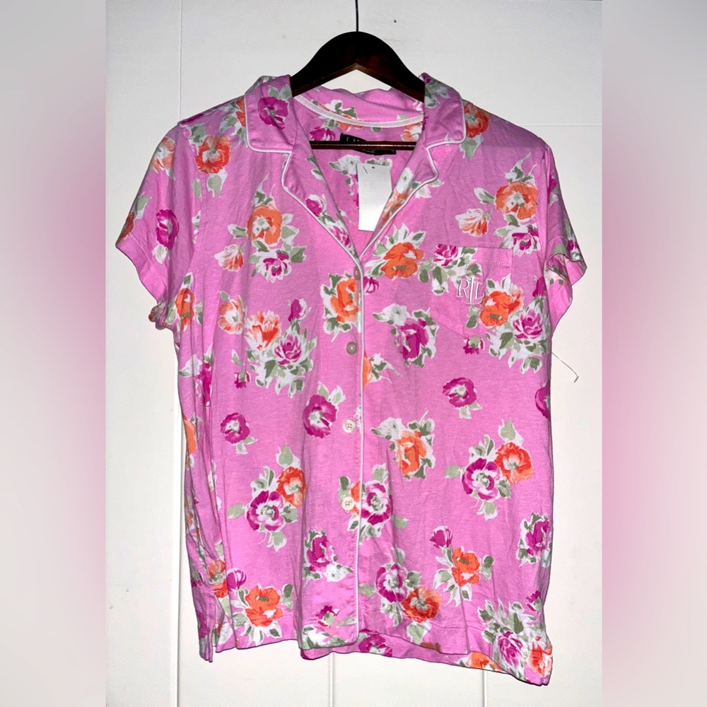 Lauren Ralph Lauren Pink Floral Button UP Short Sleeve Pajama‎ Top Women L NEW